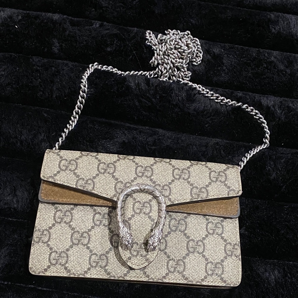 Gucci Beige and Brown Crossbody Bag with Silver Chain